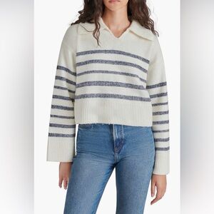 Steve Madden Navy and White Designer Collar Striped Sweater Women’s Large